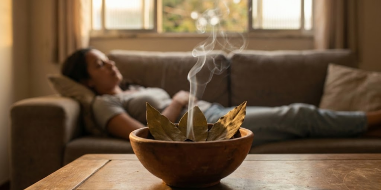 Folhas de louro soltando fumaça em uma tigela de barro numa sala iluminada pelo sol.