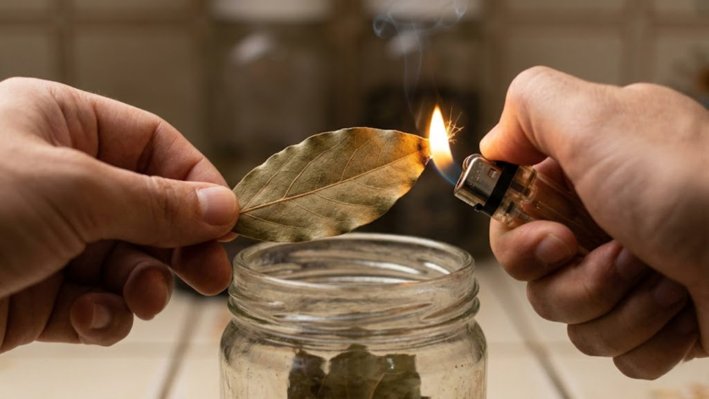 Visão em primeira pessoa acendendo a ponta de uma folha de louro seca com isqueiro.
