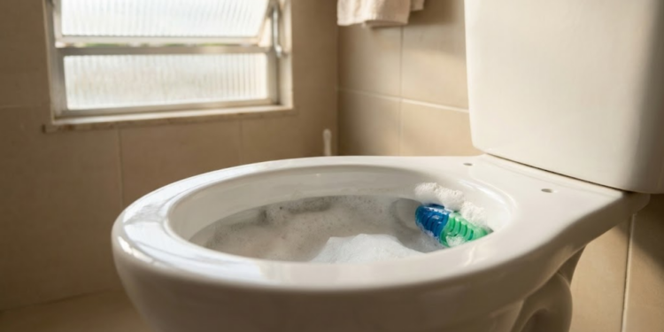 Vaso sanitário brilhando com espuma e aromatizador bem encaixado.