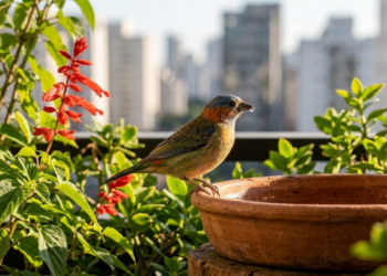 Pássaro colorido bebendo água em prato de barro numa varanda ensolarada.