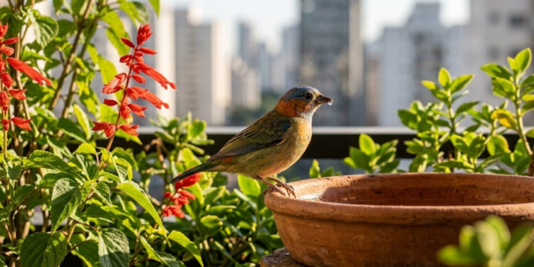 Pássaro colorido bebendo água em prato de barro numa varanda ensolarada.