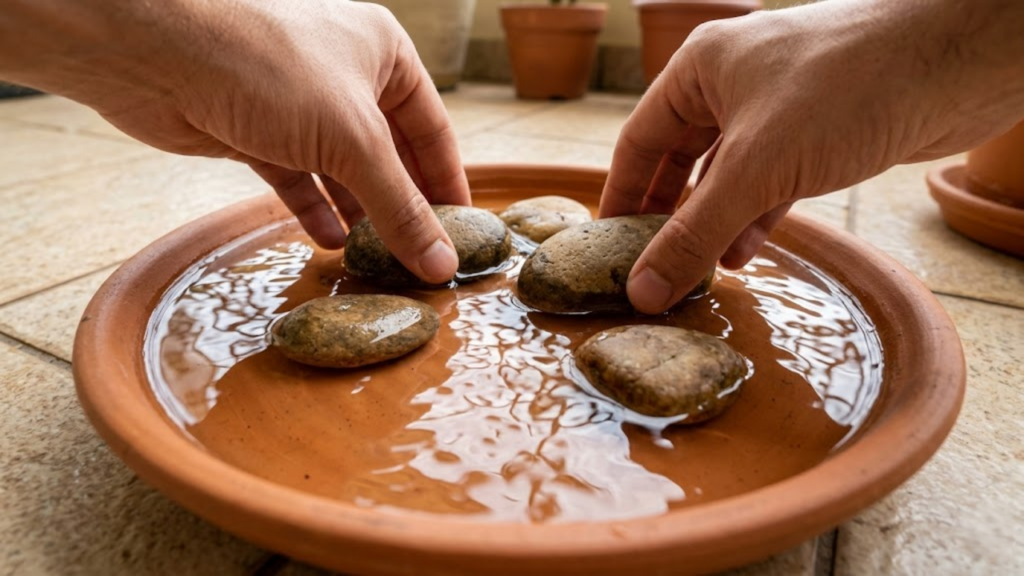 Mão colocando pedras em um prato com água para servir de apoio.