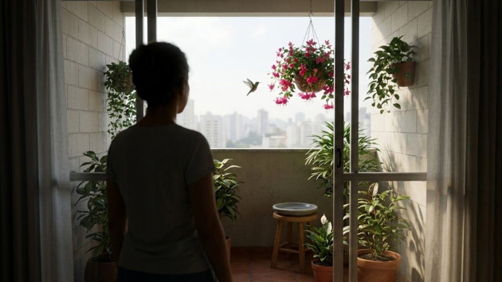 Pessoa observando beija-flor entre flores suspensas na sacada do prédio.