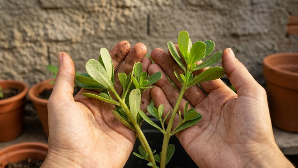 Visão em primeira pessoa segurando folhas carnudas de beldroega.