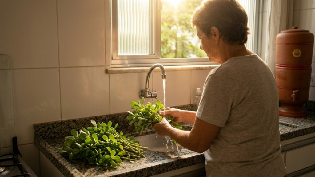 Senhora lavando beldroega fresca na pia de uma cozinha simples.