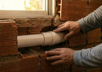 Cano de PVC branco consertado com adesivo e totalmente seco numa parede rústica de tijolos.