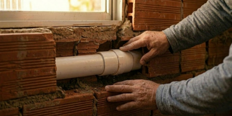 Cano de PVC branco consertado com adesivo e totalmente seco numa parede rústica de tijolos.