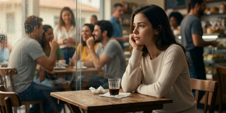 Mulher reflexiva em padaria cheia olhando pela janela com café.