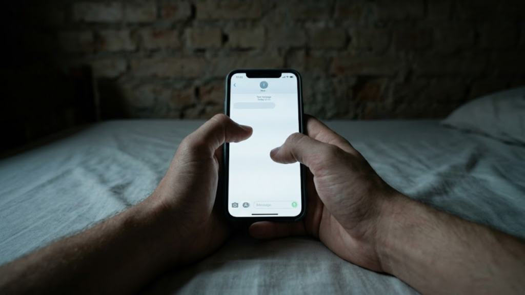 Visão em primeira pessoa de mãos tensas segurando celular sem mensagens.