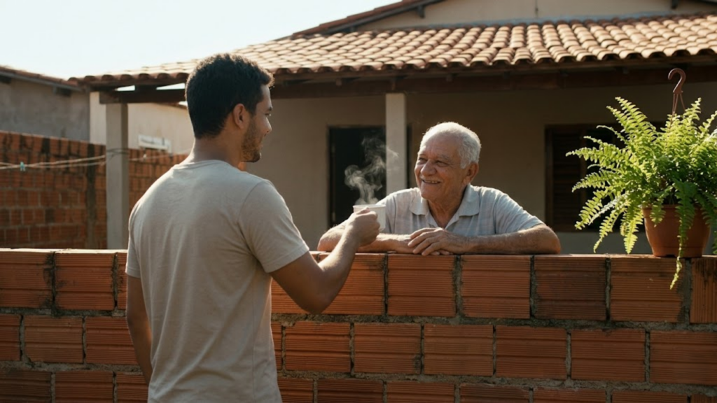 Vizinhos conversando e tomando café no muro de tijolos ao sol.