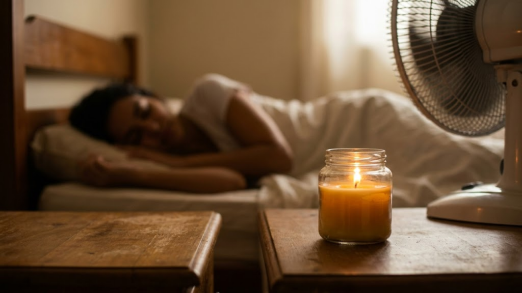 Vela de citronela acesa no criado-mudo com pessoa dormindo tranquila ao fundo.