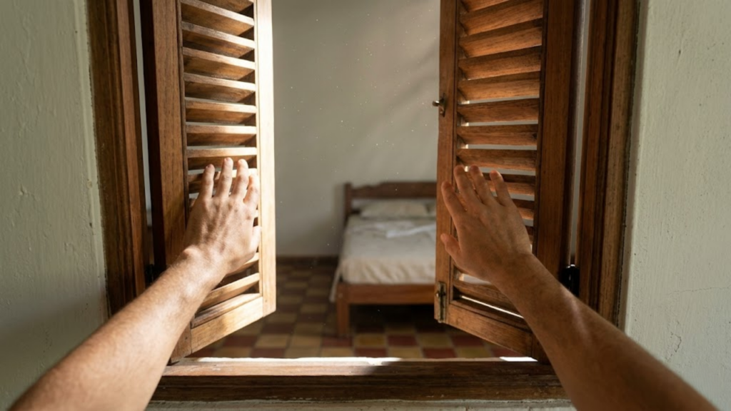 Visão em primeira pessoa abrindo uma janela de madeira para ventilar e iluminar o quarto.