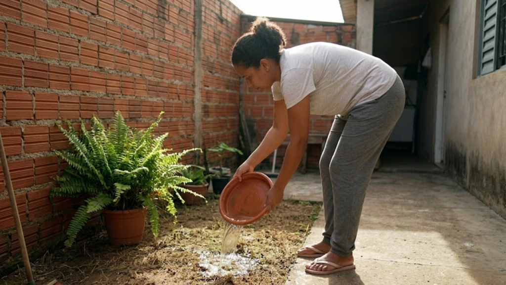 Mulher esvaziando pratinho de planta com água parada no quintal de casa banhado pelo sol.