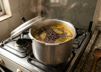 Panela com feijão fumegante, folhas de louro e cúrcuma sob luz natural.