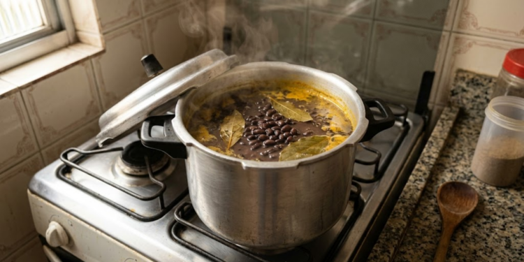 Panela com feijão fumegante, folhas de louro e cúrcuma sob luz natural.