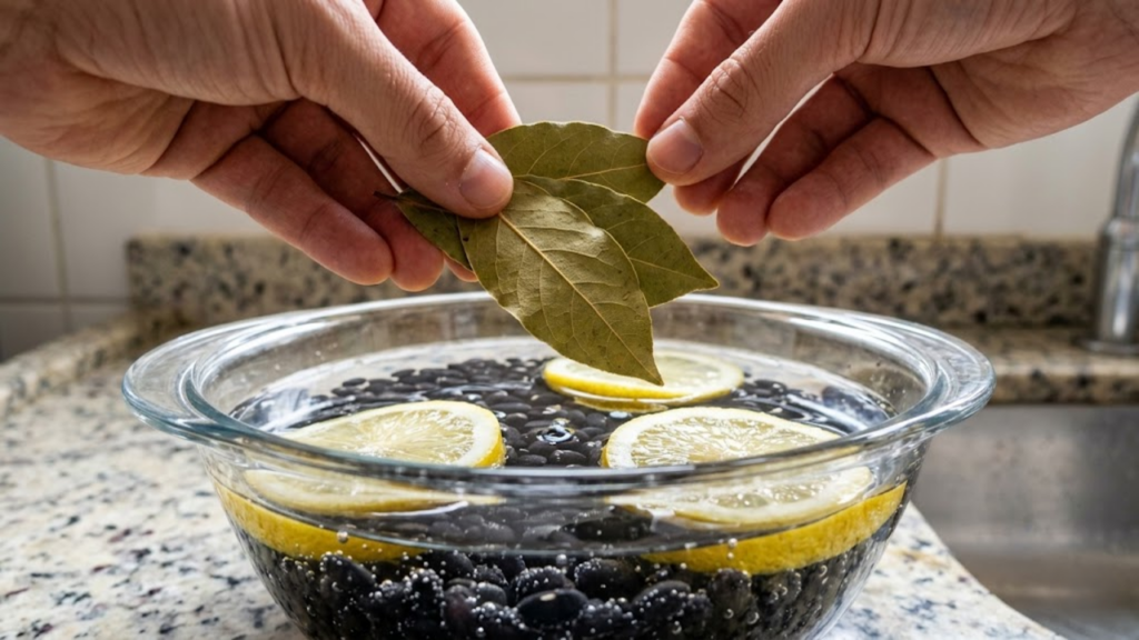Mãos colocando folhas de louro em uma tigela de feijão de molho com limão.