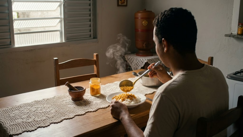Pessoa servindo feijão com cúrcuma em uma mesa de almoço brasileira típica.