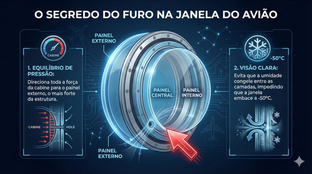 Aquele minúsculo buraco na parte inferior do acrílico esconde uma função secreta de engenharia aeronáutica que impede a janela de estourar a 30 mil pés de altitude.