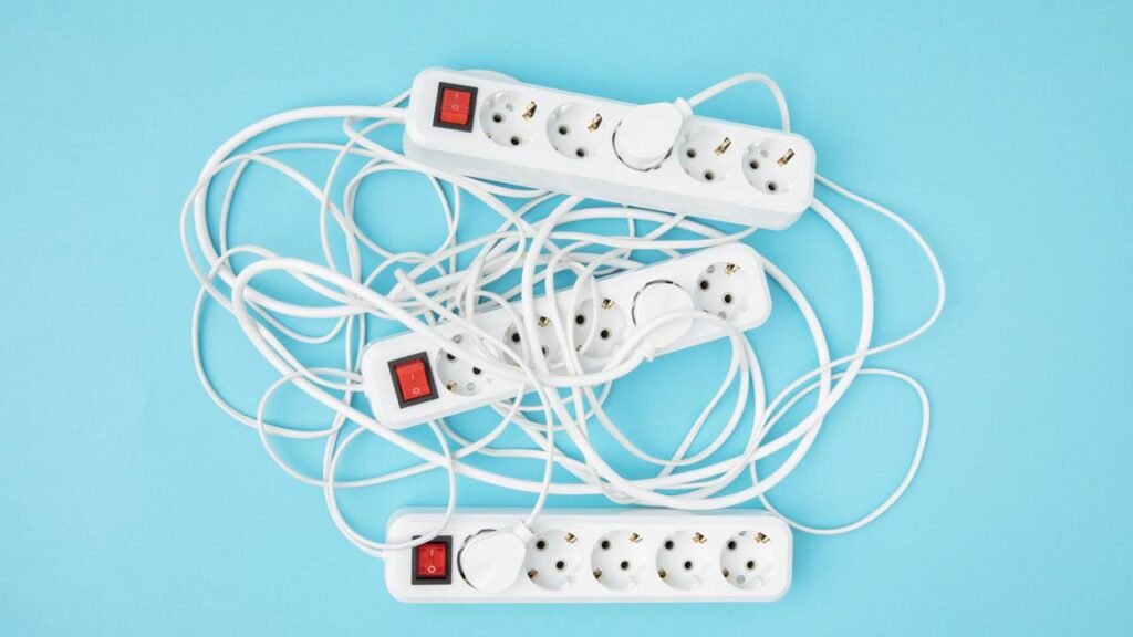 Tomada sobrecarregada com adaptador benjamim em ambiente doméstico com fiação exposta