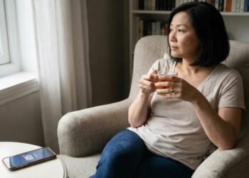 Uma mulher sentada em uma poltrona cinza, segurando uma xícara de chá com as duas mãos enquanto olha fixamente pela janela com uma expressão reflexiva e pensativa. Ao lado dela, em uma mesa de canto, há um smartphone com uma notificação de mensagem não lida na tela. O ambiente é uma sala de estar iluminada, com uma estante de livros ao fundo.