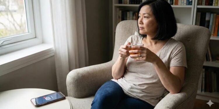 Uma mulher sentada em uma poltrona cinza, segurando uma xícara de chá com as duas mãos enquanto olha fixamente pela janela com uma expressão reflexiva e pensativa. Ao lado dela, em uma mesa de canto, há um smartphone com uma notificação de mensagem não lida na tela. O ambiente é uma sala de estar iluminada, com uma estante de livros ao fundo.