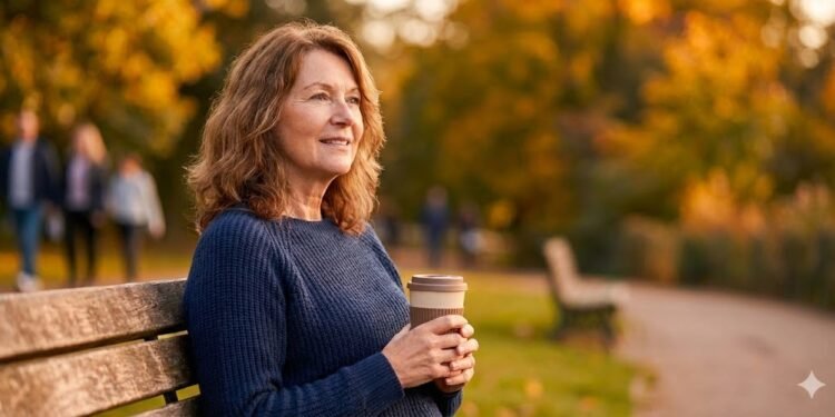 Mulher de meia-idade com expressão pensativa sentada sozinha em um banco de parque no outono, segurando um copo reutilizável. A imagem ilustra o conceito de solidão e a falta de amigos próximos discutidos na psicologia social.