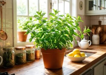 Vasos de hortelã em uma bancada de cozinha iluminada, usados como plantas repelentes naturais contra baratas.