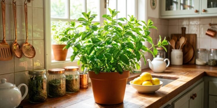 Vasos de hortelã em uma bancada de cozinha iluminada, usados como plantas repelentes naturais contra baratas.