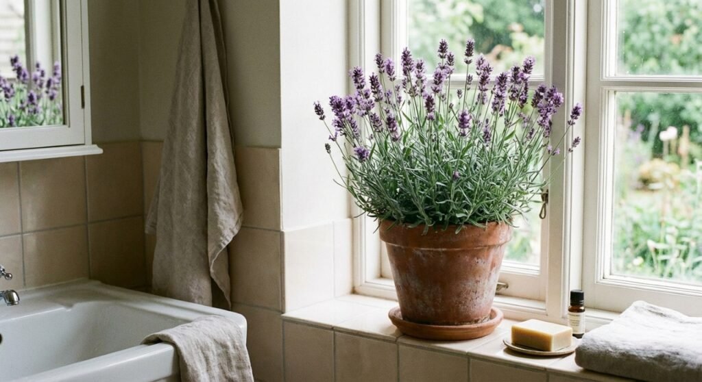 Vaso de lavanda posicionados próximos à janela de uma casa para afastar baratas naturalmente.