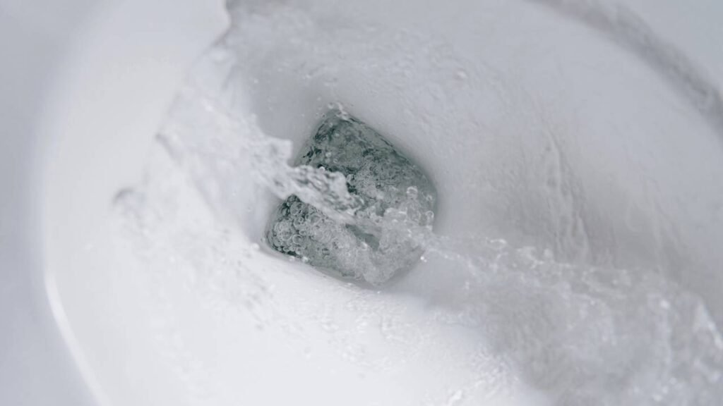 Pessoa dando descarga e vendo a espuma grossa limpar o vaso.