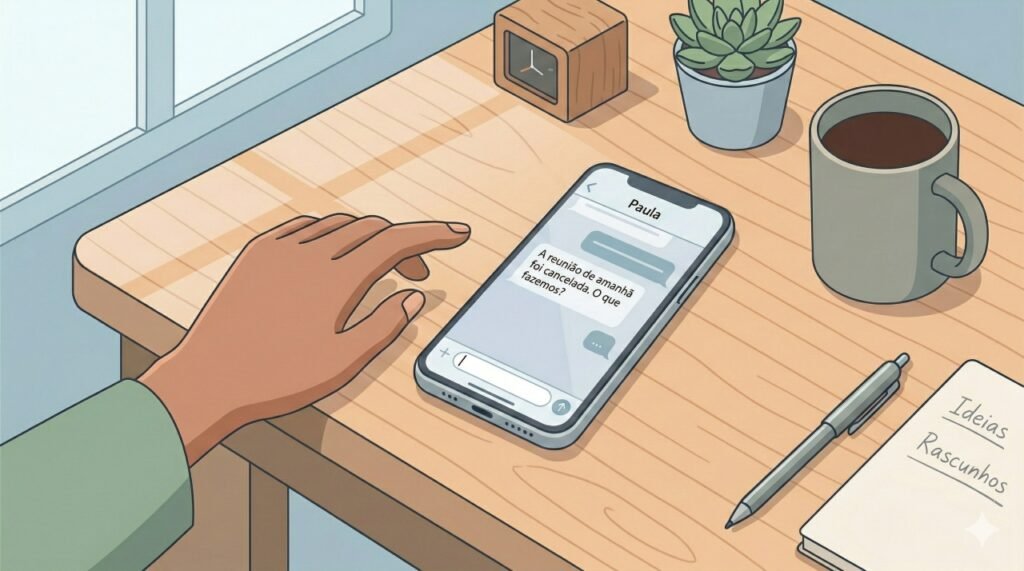Campo de digitação vazio na tela representa o hábito de refletir antes de enviar uma resposta.
