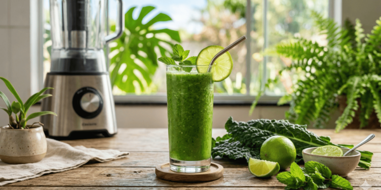 O suco de couve com limão é feito, em geral, com folhas frescas de couve, suco de limão e água