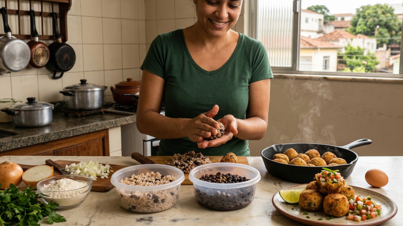A receita que sempre salva o meu arroz e feijão que sobraram, bolinho caseiro crocante por fora e macio por dentro