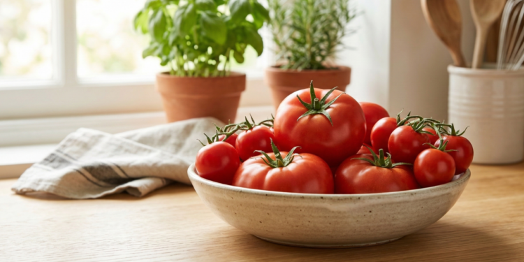 Os tomates permanecerão firmes por mais tempo se você guardá-los dessa maneira na cozinha