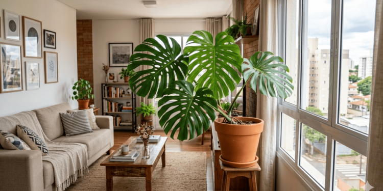 Em espaços reduzidos, a costela-de-adão se adapta bem e pode crescer junto com a rotina da casa