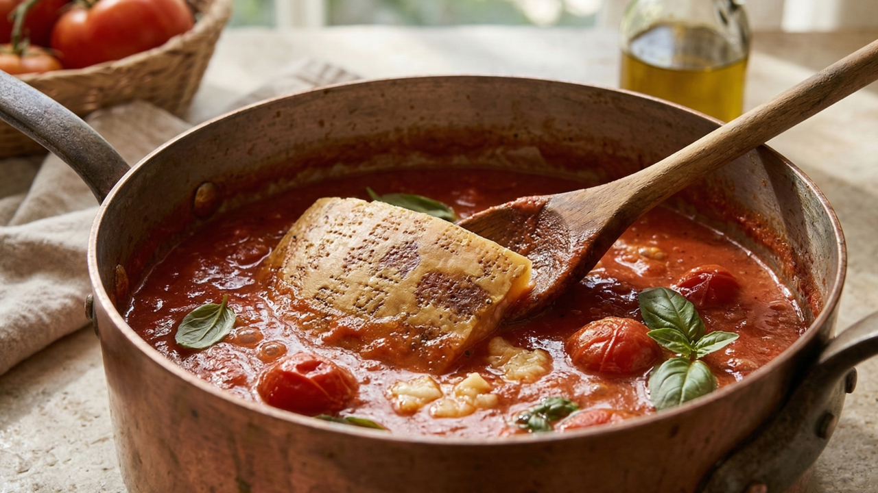 Chefs italianos concordam, para deixar o molho de tomate mais encorpado e aromático, o segredo é adicionar casca de parmesão