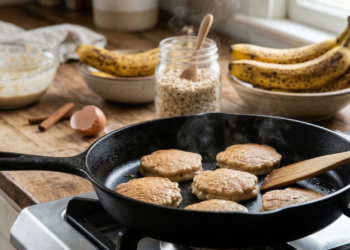 Misture banana madura com aveia e prepare um bolinho de frigideira macio que perfuma a cozinha