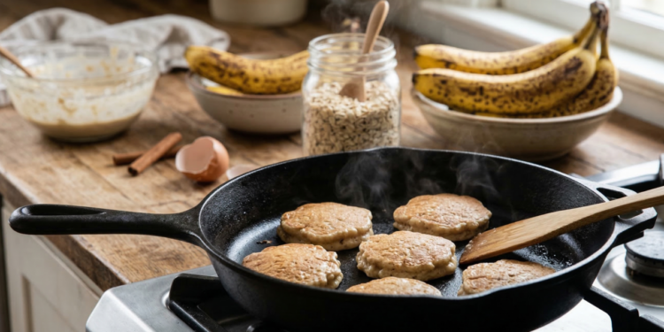 Misture banana madura com aveia e prepare um bolinho de frigideira macio que perfuma a cozinha