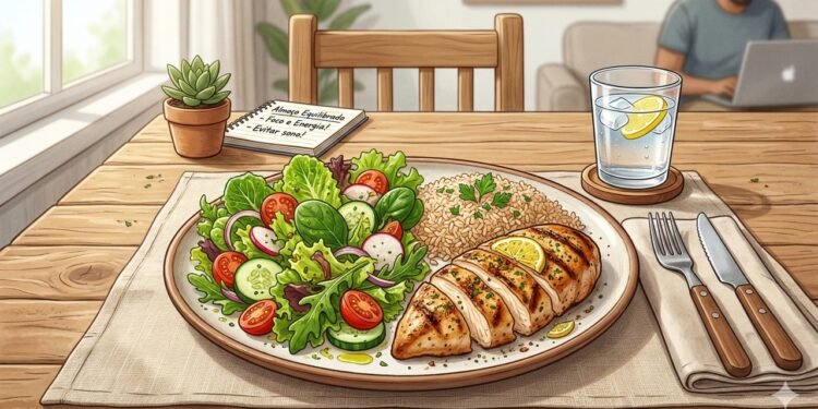 Prato equilibrado com salada, proteína magra e arroz integral ajuda a manter a energia e evitar o sono após o almoço.