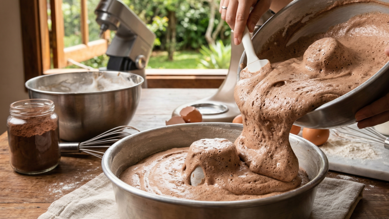 Receita de bolo de chocolate fofinho usando a técnica de incorporação de ar na massa