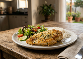 Filé de frango no forno com crosta de parmesão e ervas finas, aprenda a fazer para um jantar rápido durante a semana