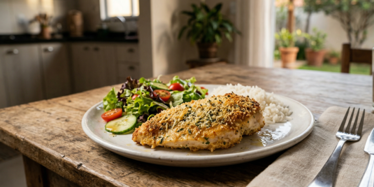 Filé de frango no forno com crosta de parmesão e ervas finas, aprenda a fazer para um jantar rápido durante a semana