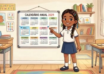 Menina apontando para mês destacado no calendário simboliza a relação entre período de nascimento e traços de liderança feminina.