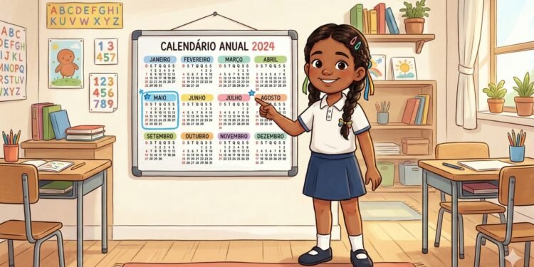 Menina apontando para mês destacado no calendário simboliza a relação entre período de nascimento e traços de liderança feminina.