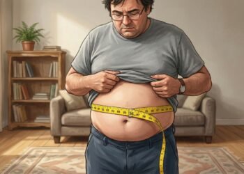 A circunferência abdominal pode indicar acúmulo de gordura visceral e risco para fígado e pâncreas.