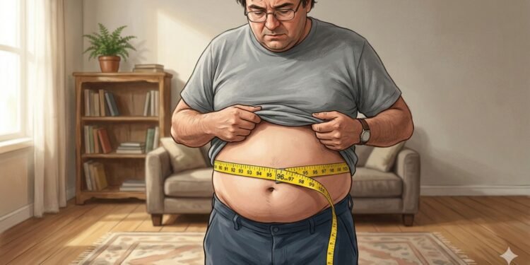 A circunferência abdominal pode indicar acúmulo de gordura visceral e risco para fígado e pâncreas.