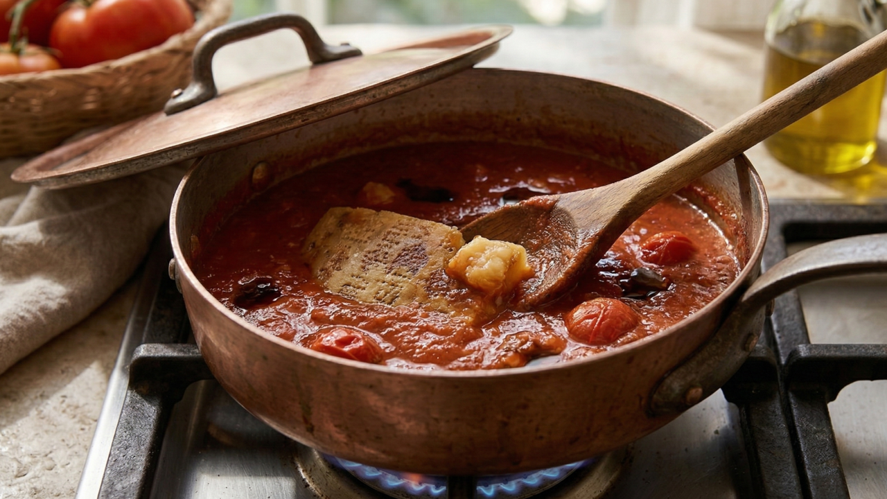 Chefs italianos concordam, para deixar o molho de tomate mais encorpado e aromático, o segredo é adicionar casca de parmesão