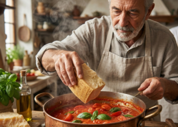 Chefs italianos concordam, para deixar o molho de tomate mais encorpado e aromático, o segredo é adicionar casca de parmesão