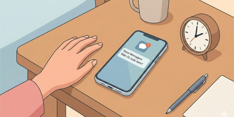 Notificação de mensagem no celular ao lado de um relógio simboliza a pausa consciente antes de responder.