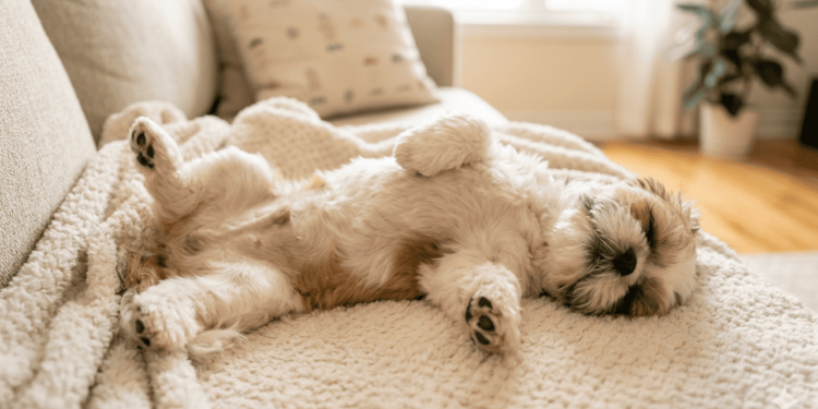 Alguns cães adotam essa postura quase como um “alongamento natural” durante o sono